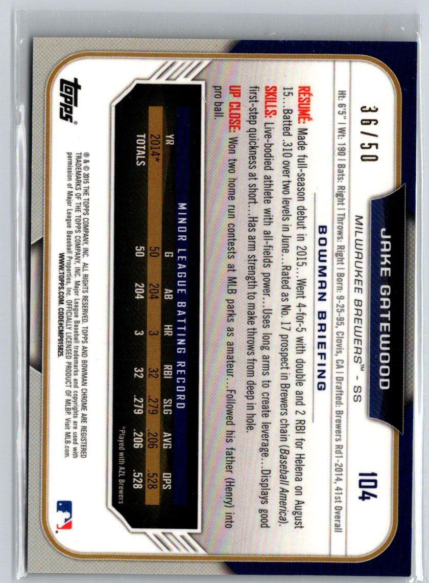 2015 Bowman Draft #104 Jake Gatewood Chrome Gold Refractors #/50 G33