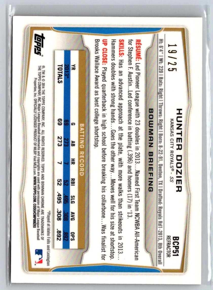 2014 Bowman #BCP51 Hunter Dozier Chrome Prospects Orange Refractors #/25 G34
