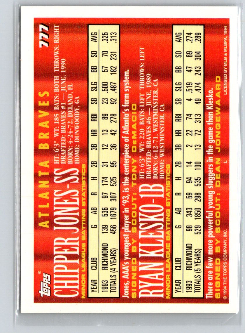 1994 Topps #777 Chipper Jones / Ryan Klesko CA Gold G34