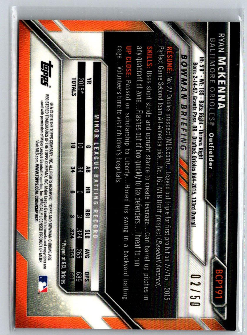 2016 Bowman Chrome #BCP191 Ryan McKenna Prospects Gold Refractor #/50 G35