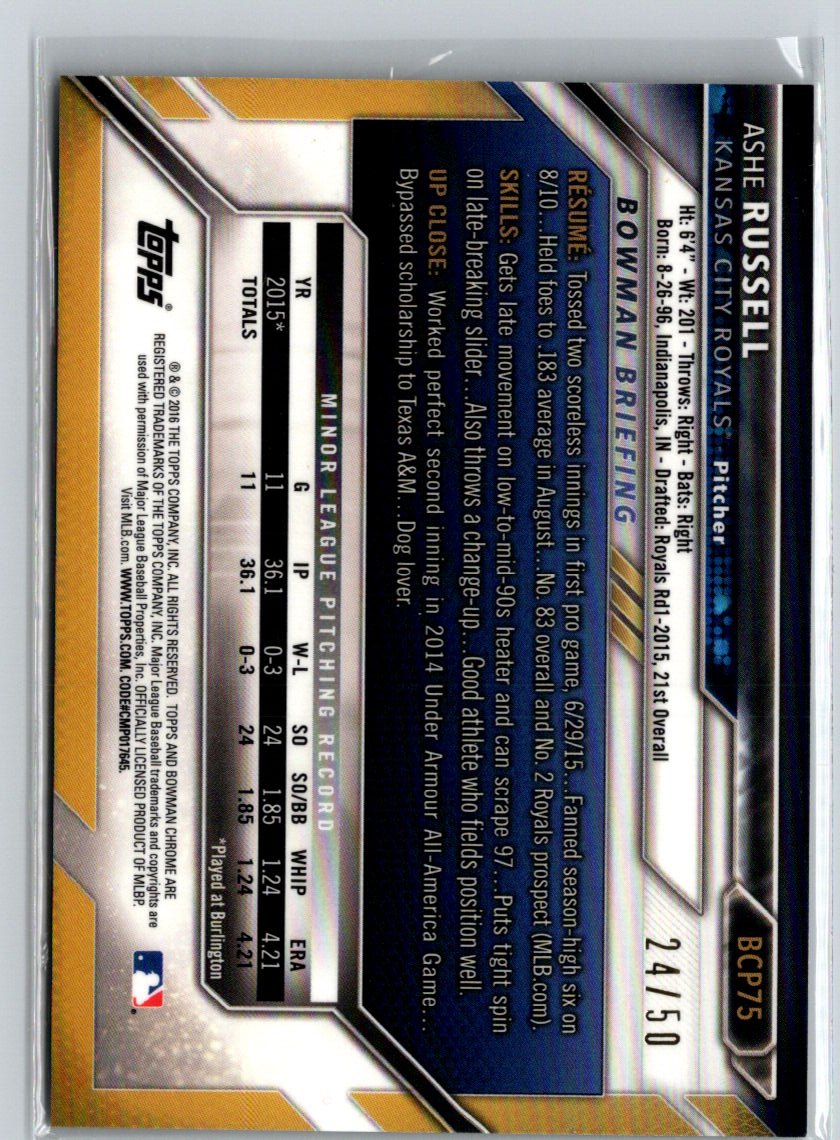 2016 Bowman #BCP75 Ashe Russell Chrome Prospects Gold Refractor #/50 G35