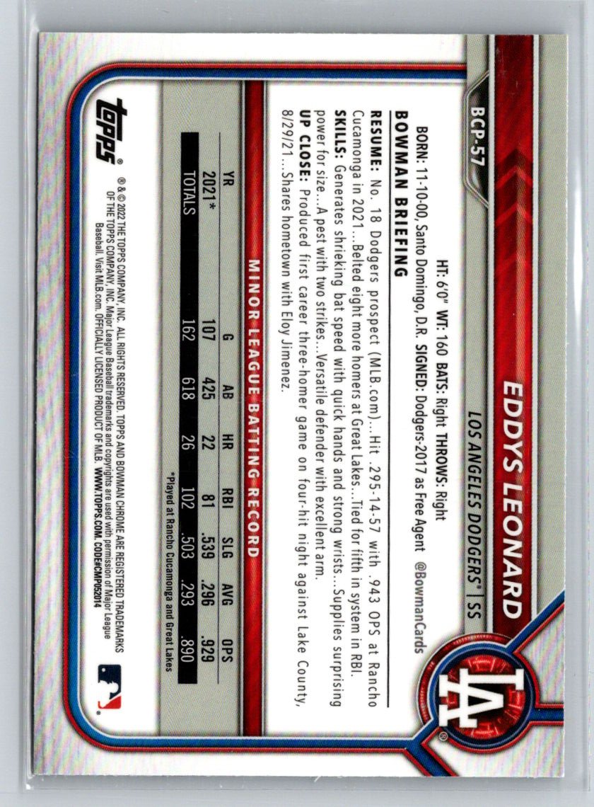 2022 Bowman - Chrome Prospects Mojo Refractors #BCP-57 Eddys Leonard G44