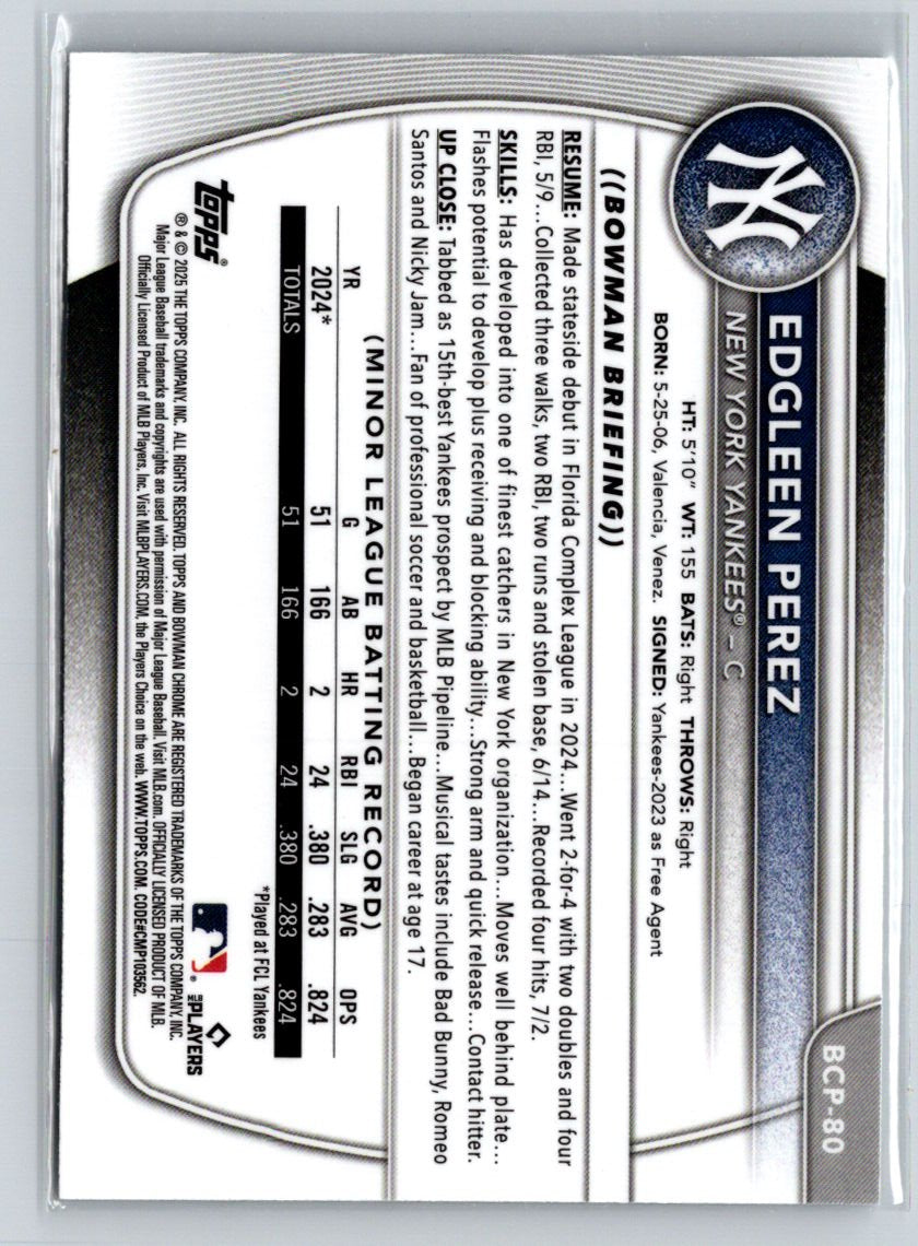 2025 Bowman #BCP-80 Edgleen Perez Chrome Prospects Mojo Refractor G44