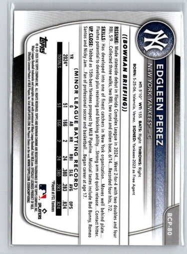 2025 Bowman #BCP-80 Edgleen Perez Chrome Prospects Mojo Refractor G44