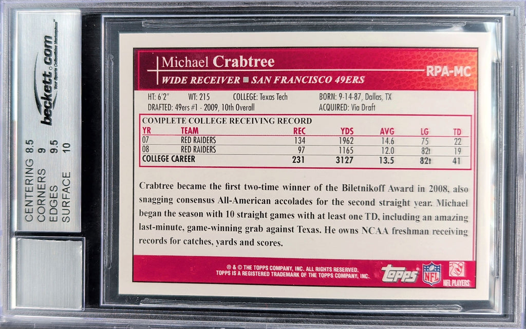 2009 Topps #RPA-MC Michael Crabtree Rookie Premiere Autographs BGS 9 H05