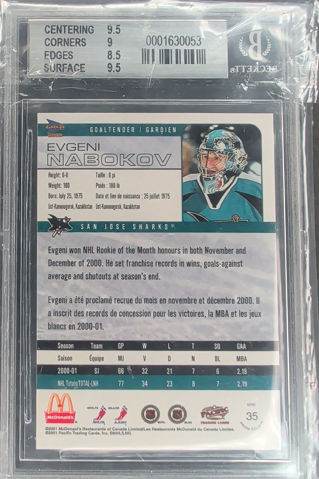 2001-02 Pacific Prism Gold McDonald's #35 Evgeni Nabokov BGS 9 H05