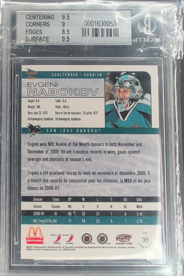 2001-02 Pacific Prism Gold McDonald's #35 Evgeni Nabokov BGS 9 H05