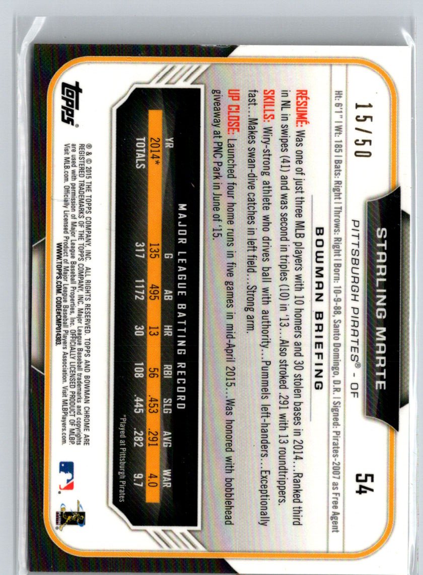 2015 Bowman Chrome #54 Starling Marte Gold Refractors #/50 i03