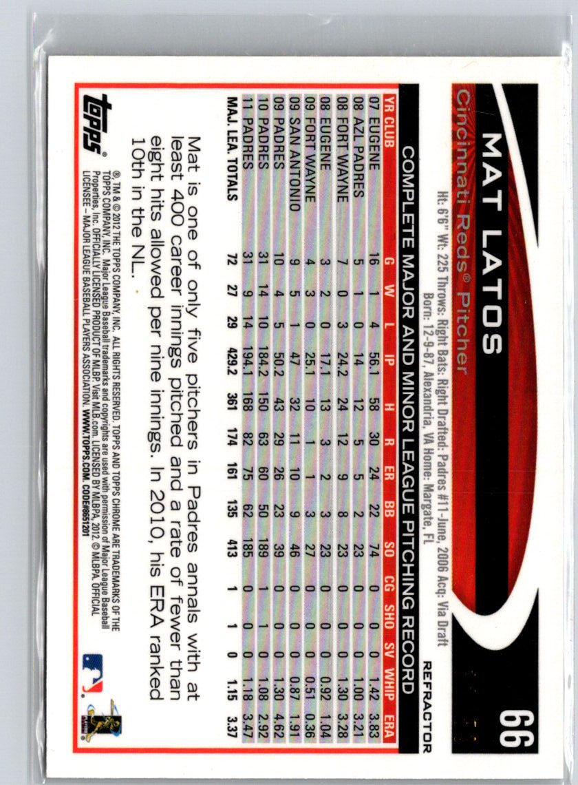 2012 Topps Chrome #66 Mat Latos Gold Refractors #/50 i02