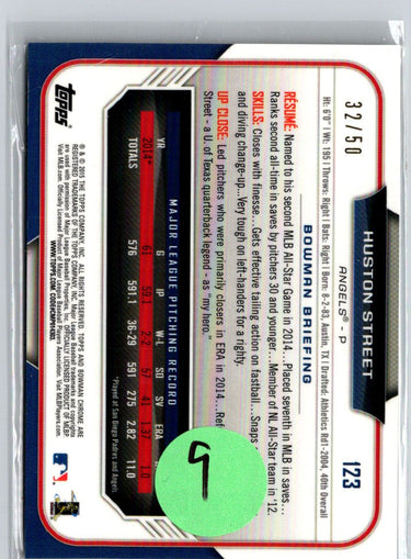 2015 Bowman Chrome #123 Huston Street Gold Refractors #/50 i04