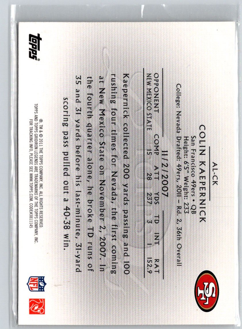 2011 Topps Gridiron Legends #AL-CK Colin Kaepernick Aspiring Legacies i05