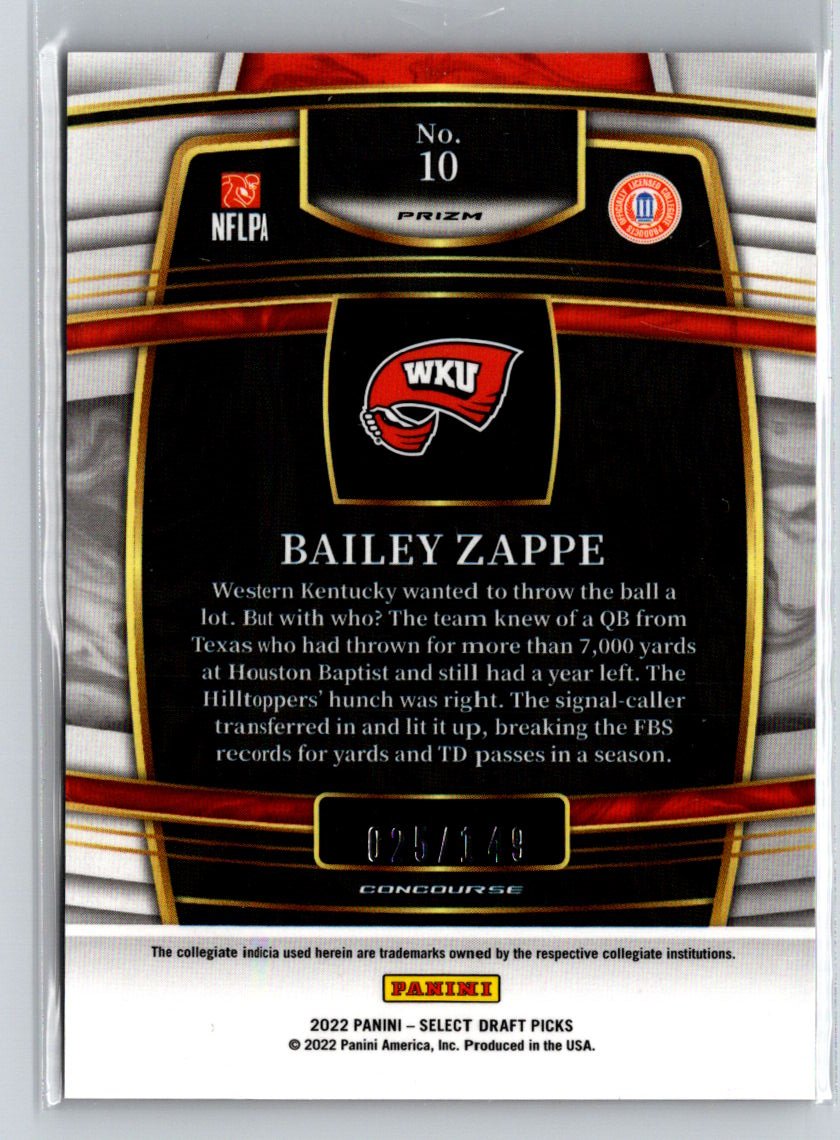 2022 Panini Select Draft Picks #10 Bailey Zappe Red Prizm #/149 i05