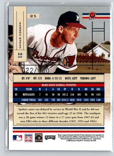 2004 Playoff Absolute Memorabilia #25 Warren Spahn Spectrum Silver #/100 i06