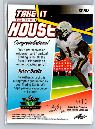 Leaf Valiant Tyler Badie Take it to the House Autographs Purple Crystal /10 i07