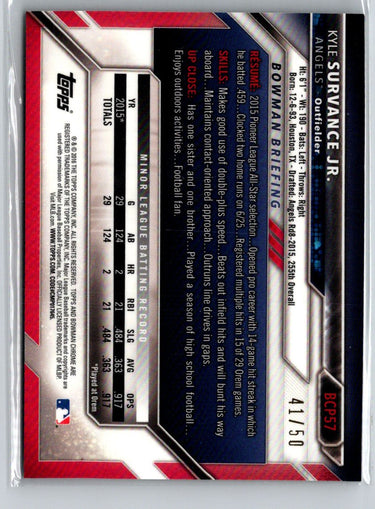 2016 Bowman #BCP57 Kyle Survance Jr. Chrome Prospects Gold Refractor #/50 i07