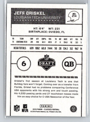2016 Panini Classics #214 Jeff Driskel Timeless Tributes Silver #/25 i09