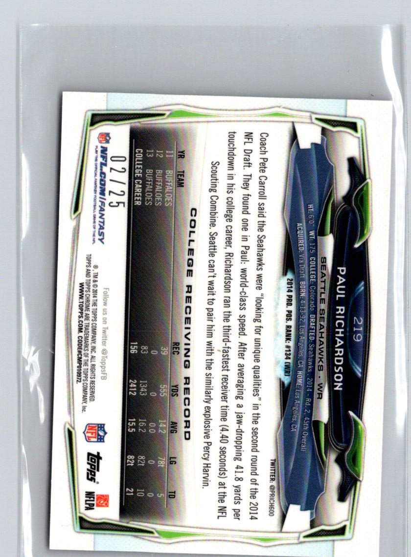 2014 Topps Chrome Mini #219 Paul Richardson Pink Refractors #/25 i14