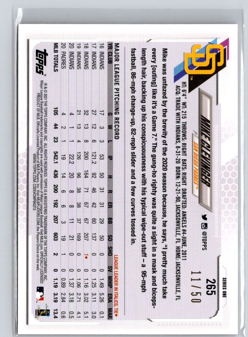 2021 Topps #265 Mike Clevinger Mother's Day Pink #/50 i13