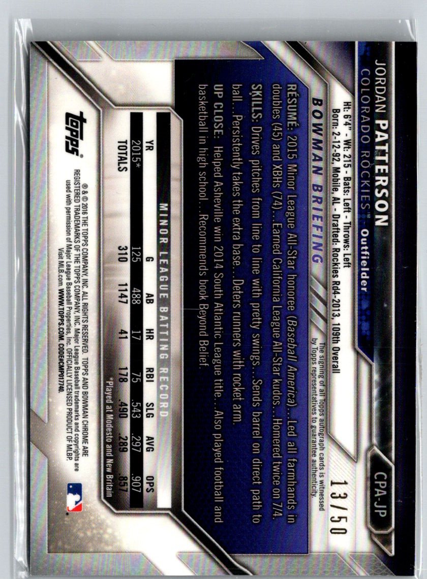 2016 Bowman Chrome Jordan Patterson Prospects Autographs Gold Refractor #/50 i14
