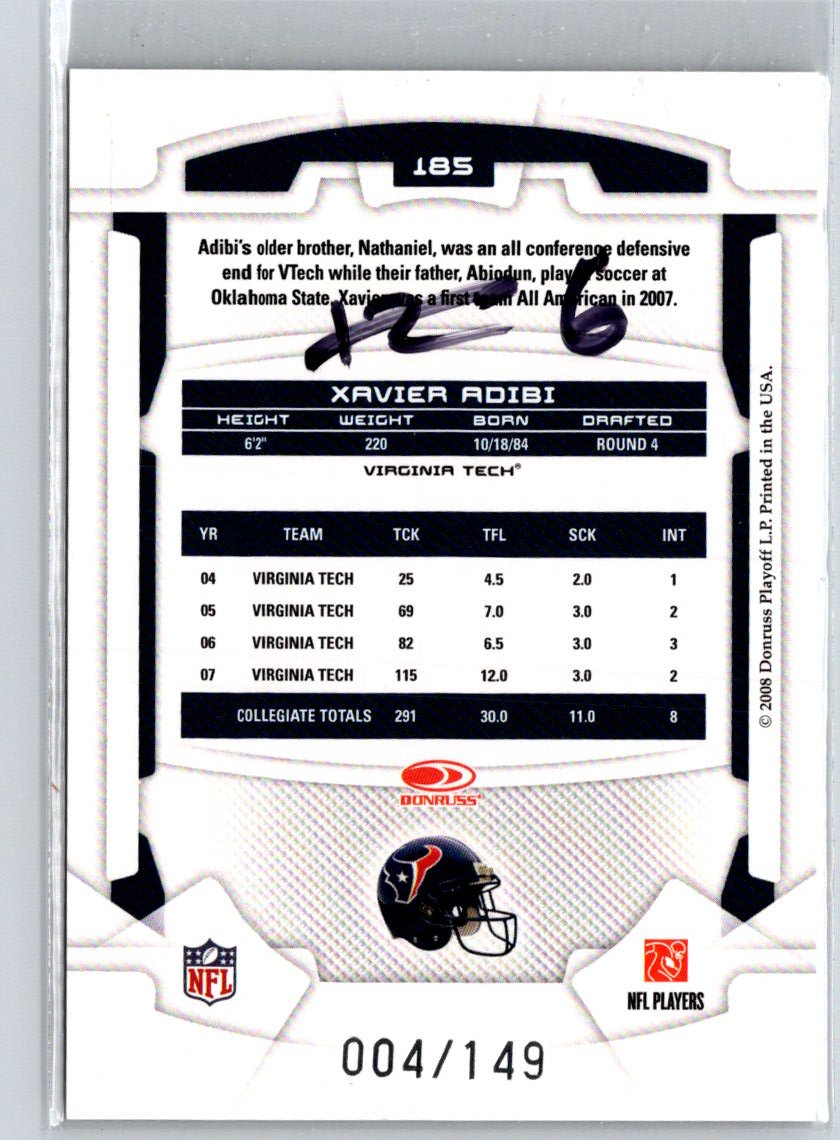 2008 Leaf Rookies & Stars Longevity #185 Xavier Adibi Sapphire #/149 i17