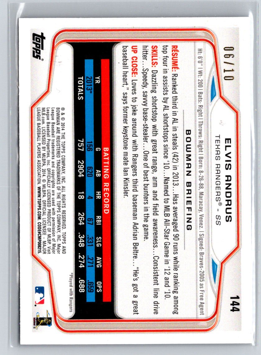 2014 Bowman #144 Elvis Andrus Purple Ice #/10 i20