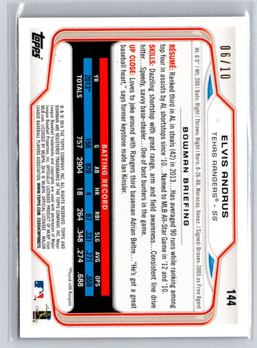 2014 Bowman #144 Elvis Andrus Purple Ice #/10 i20