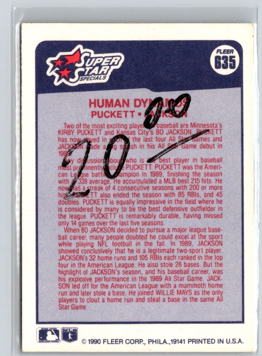 1990 Fleer Canadian #635 Human Dynamos (Kirby Puckett / Bo Jackson) SSS, CPC i22
