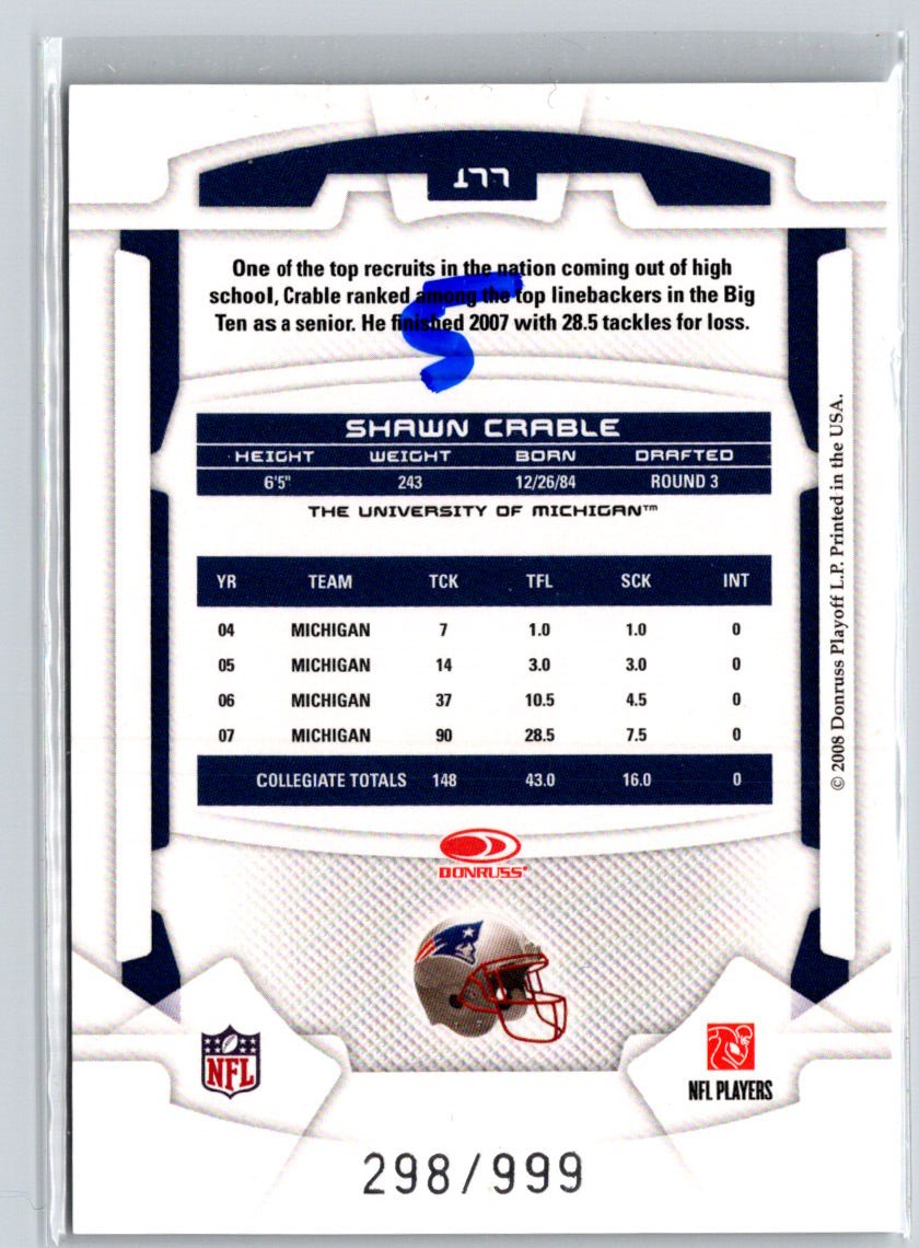 2008 Leaf Rookies & Stars Longevity #177 Shawn Crable #/999 i25