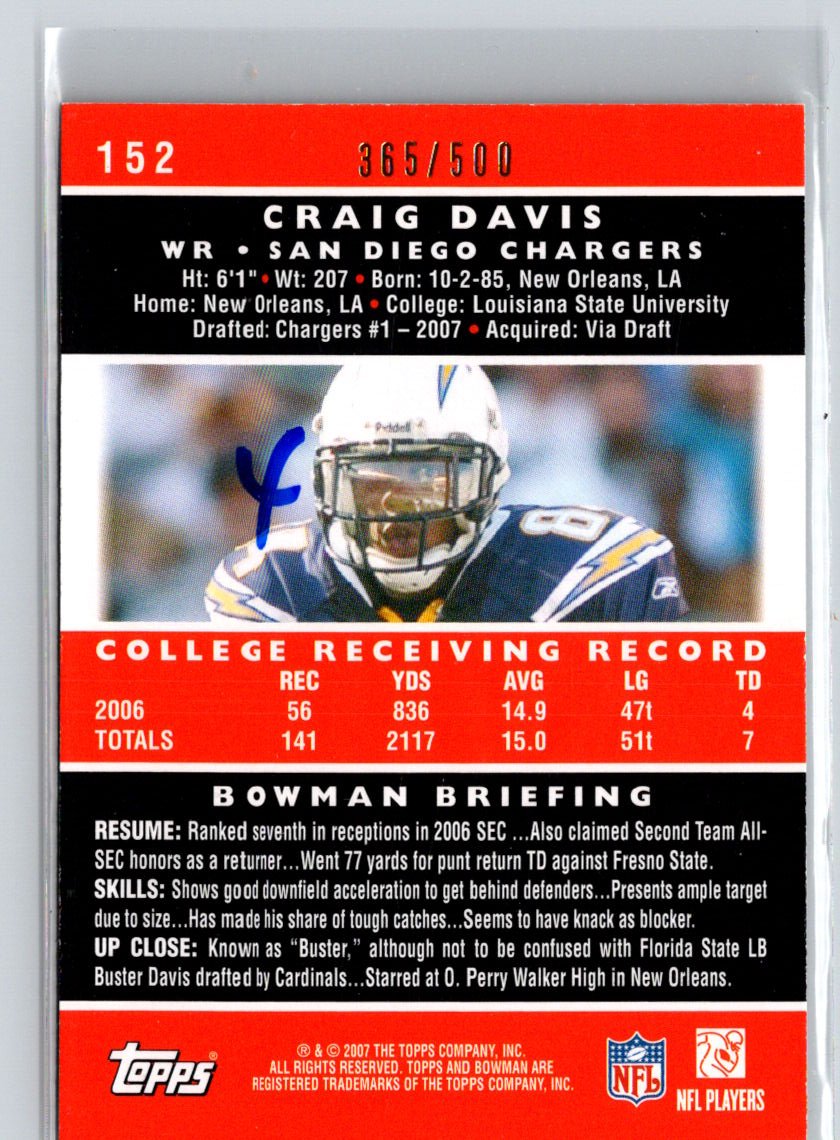 2007 Bowman #152 Craig Davis Blue #/500 i18