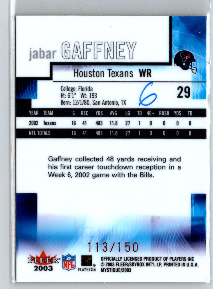 2003 Fleer Mystique #29 Jabar Gaffney Gold #/150 i18