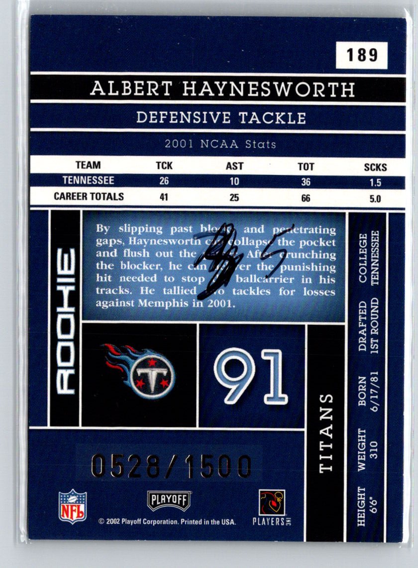 2002 Playoff Absolute Memorabilia #189 Albert Haynesworth #/1500 i26