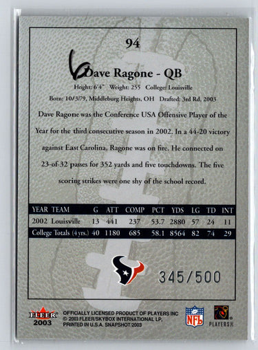 2003 Fleer Snapshot #94 Dave Ragone #/500 i30