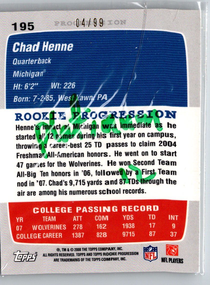 2008 Topps Rookie Progression #195 Chad Henne Platinum #/99 i36