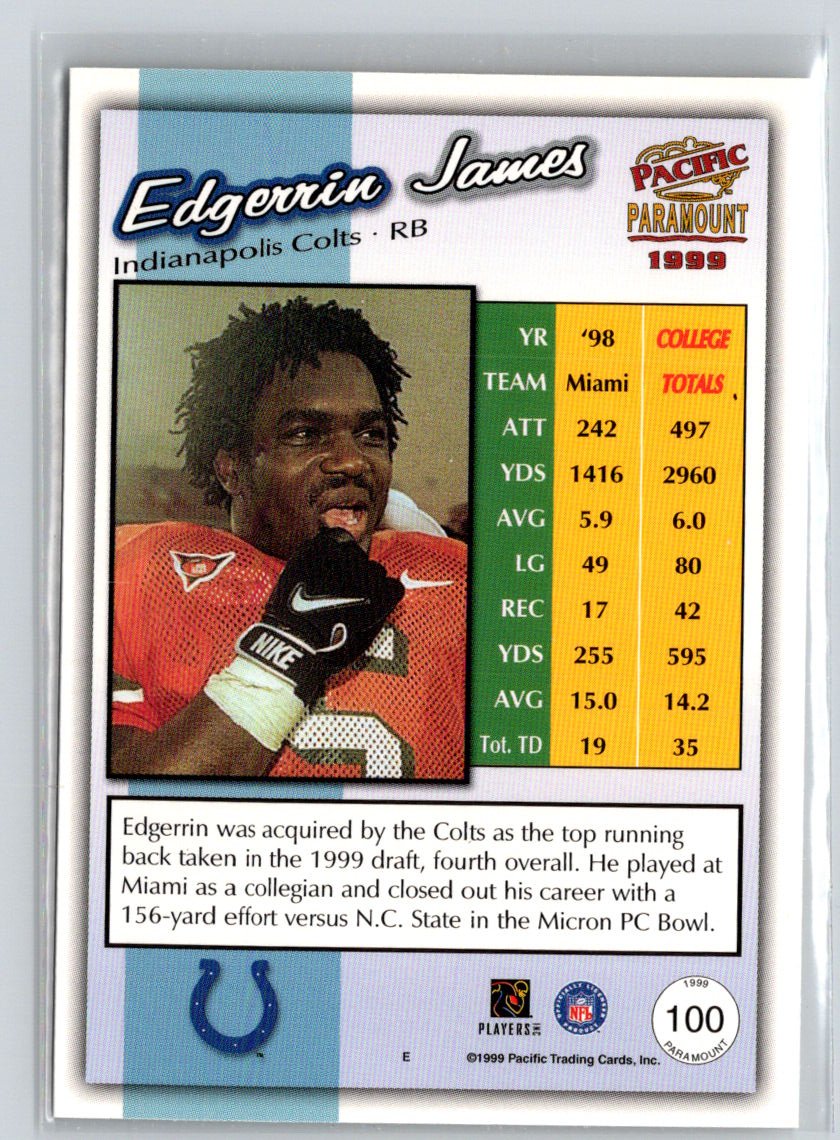 1999 Pacific Paramount #100 Edgerrin James Platinum Blue i37