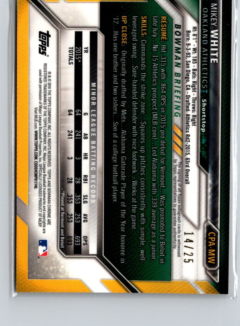 2016 Bowman Chrome #CPA-MW Mikey White Autographs Orange Refractor #/25 i39