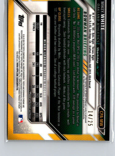 2016 Bowman Chrome #CPA-MW Mikey White Autographs Orange Refractor #/25 i39