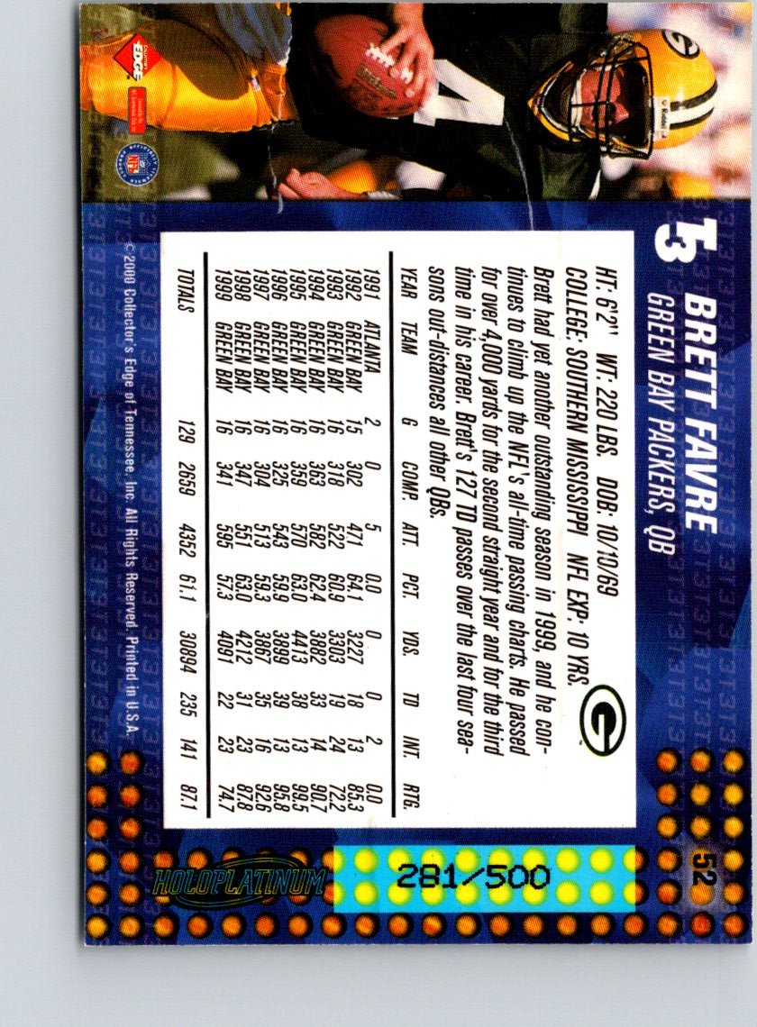 2000 Collector's Edge T3 #52 Brett Favre HoloPlatinum #/500 i40