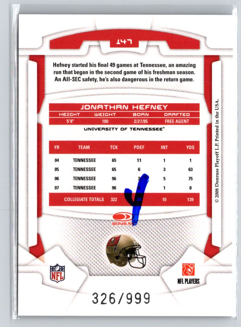 2008 Leaf Rookies & Stars Longevity #147 Jonathan Hefney #/999 i44