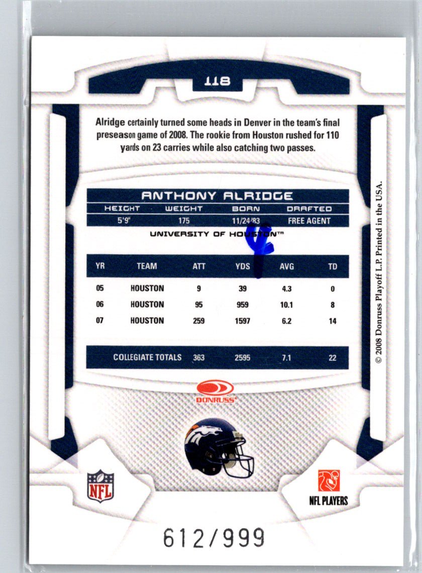 2008 Leaf Rookies & Stars Longevity #118 Anthony Alridge #/999 i44