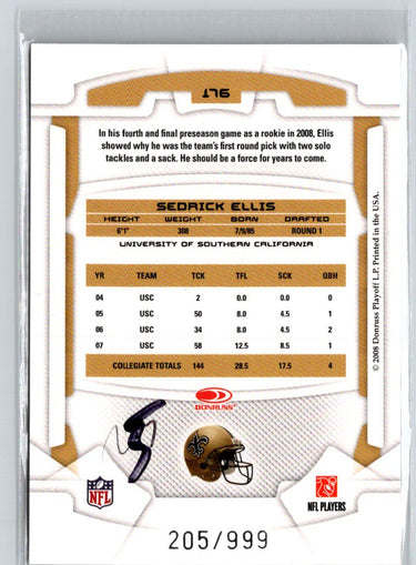 2008 Leaf Rookies & Stars Longevity #176 Sedrick Ellis #/999 i43