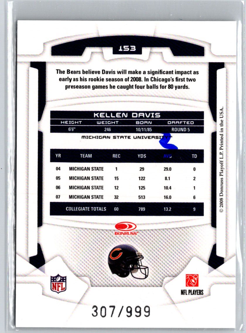 2008 Leaf Rookies & Stars Longevity #153 Kellen Davis #/999 i44