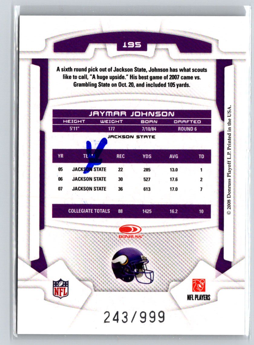 2008 Leaf Rookies & Stars Longevity #195 Jaymar Johnson #/999 i44