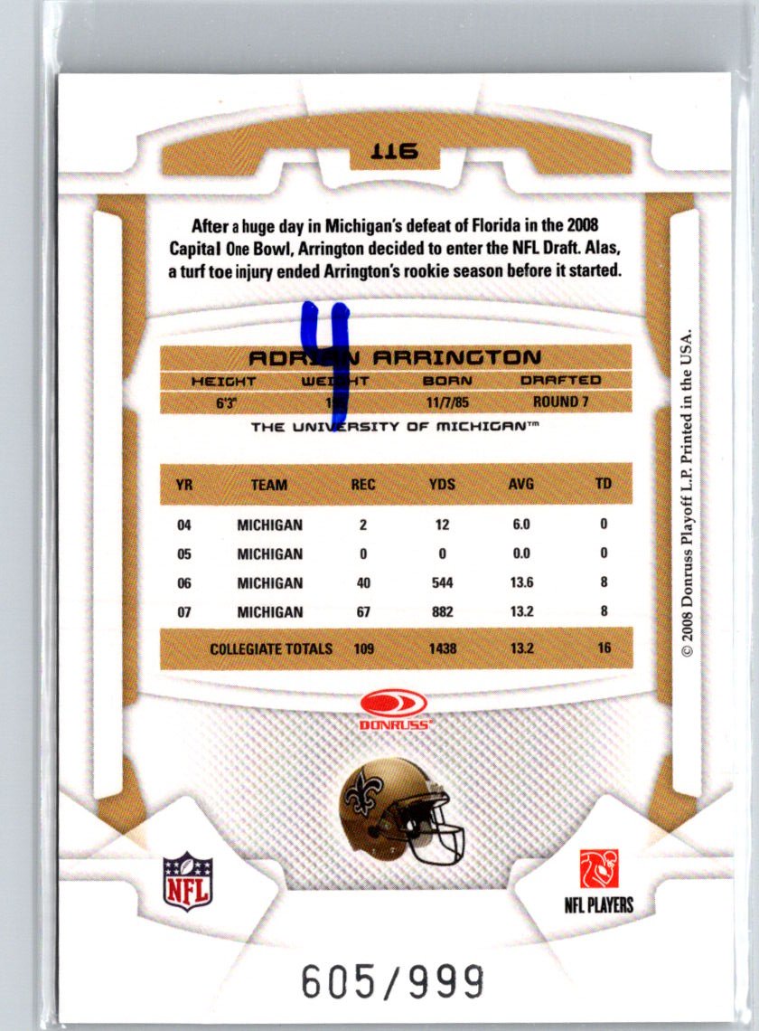 2008 Leaf Rookies & Stars Longevity #116 Adrian Arrington #/999 i46