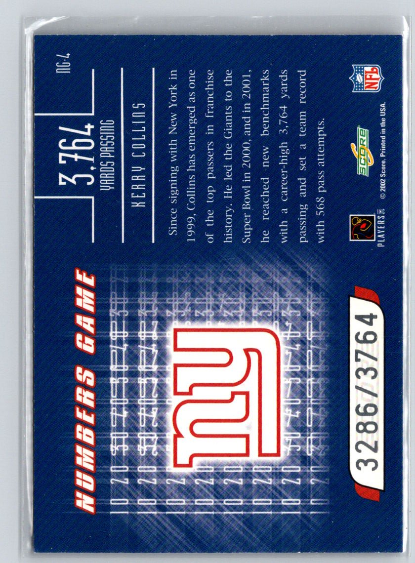 2002 Score #NG-4 Kerry Collins Numbers Game #/3764 i56