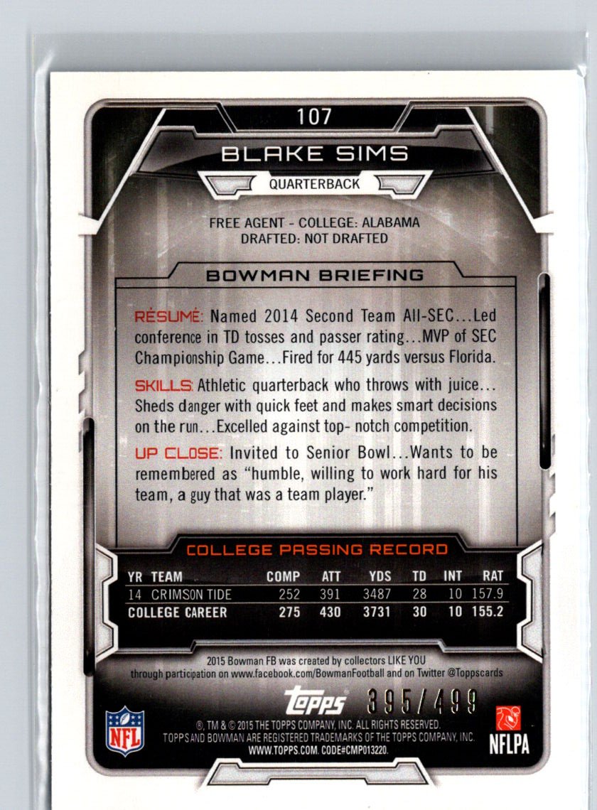 2015 Bowman #107 Blake Sims Rookies Blue #/499 i59