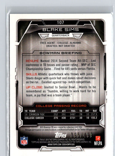 2015 Bowman #107 Blake Sims Rookies Blue #/499 i59