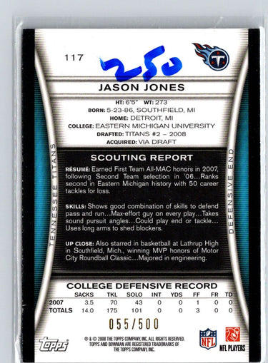 2008 Bowman #117 Jason Jones Blue #/500 i56