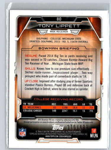 2015 Bowman #80 Tony Lippett Rookies Blue #/499 i59