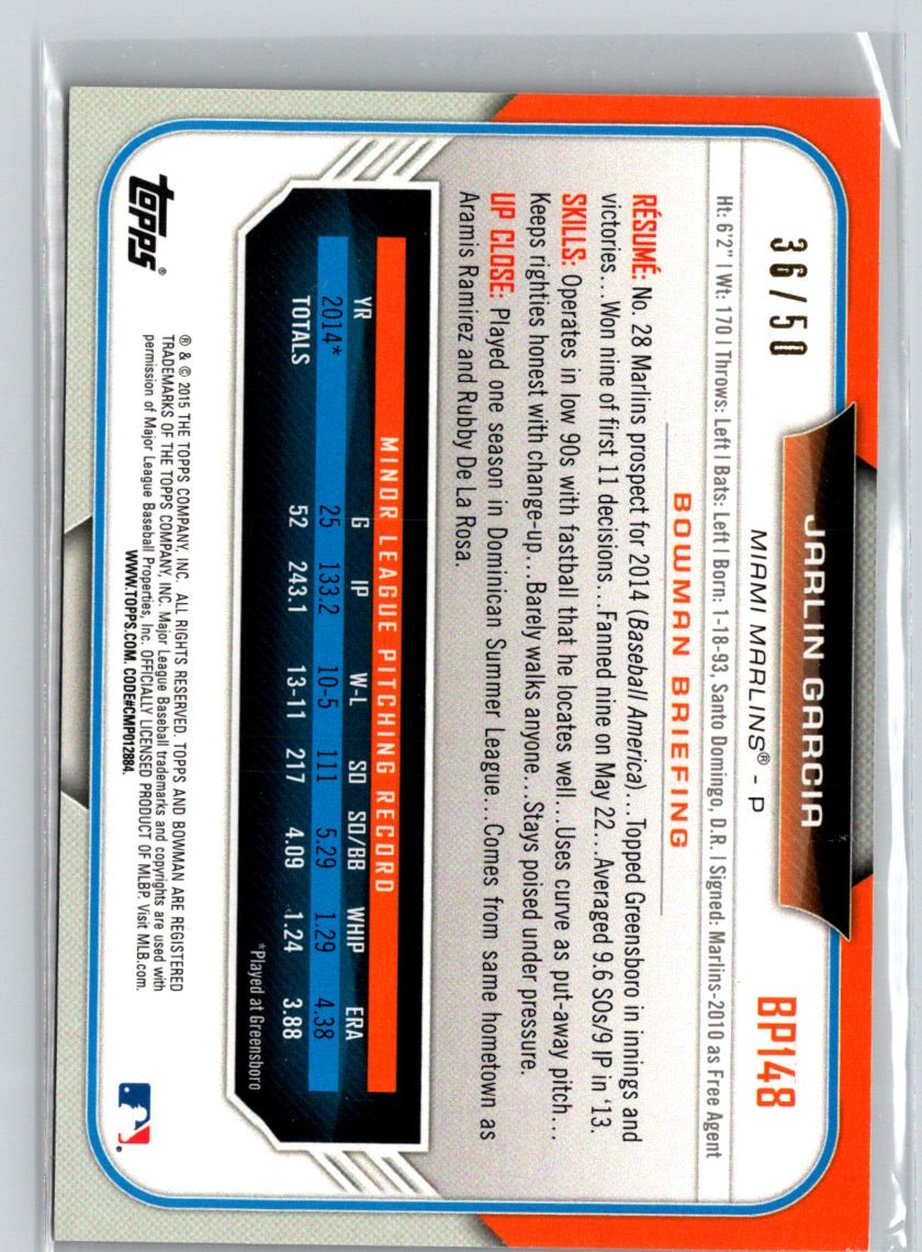 2015 Bowman - Prospects Gold #BP148 Jarlin Garcia #/50 i62