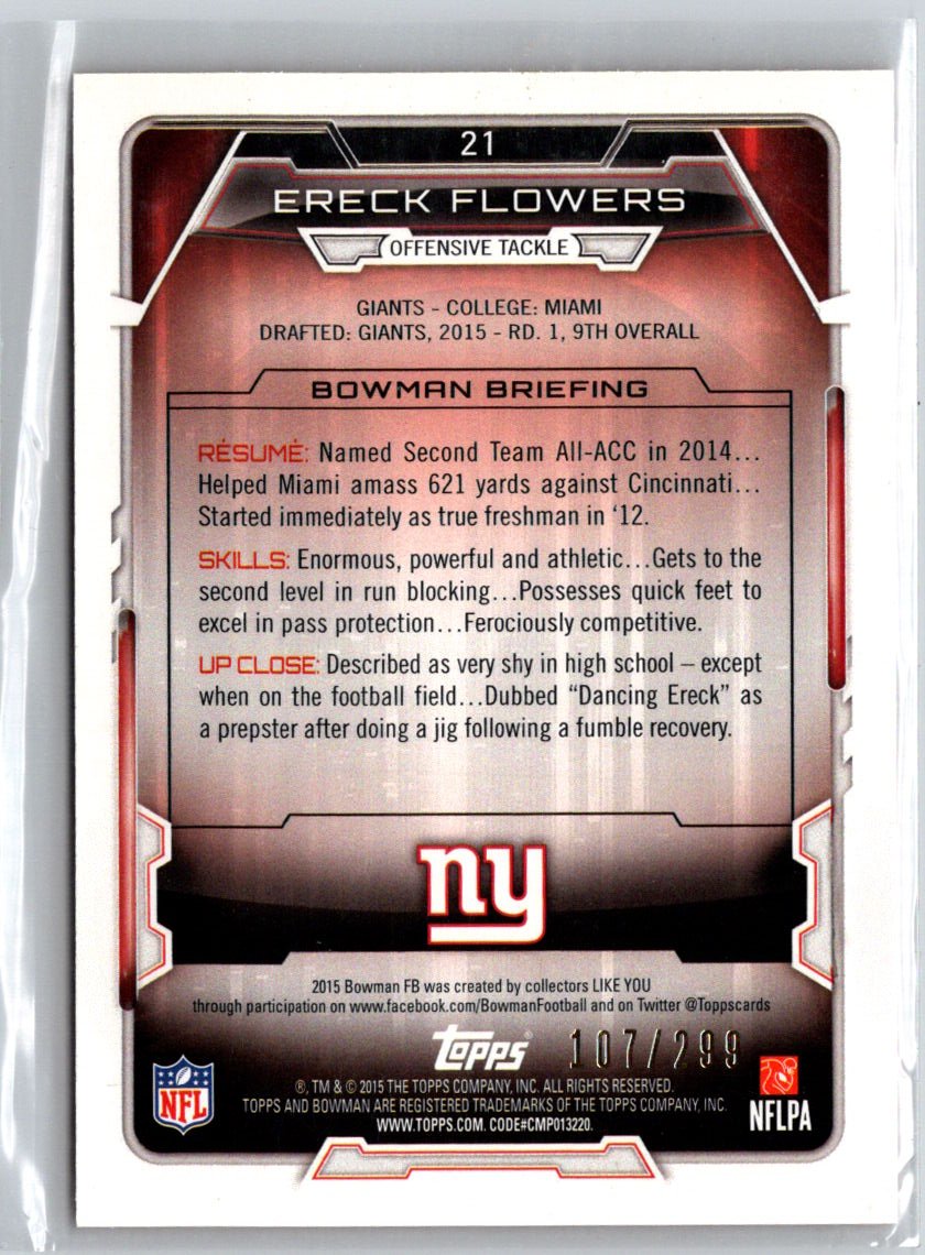 2015 Bowman #21 Ereck Flowers Rookies Orange #/299 i65